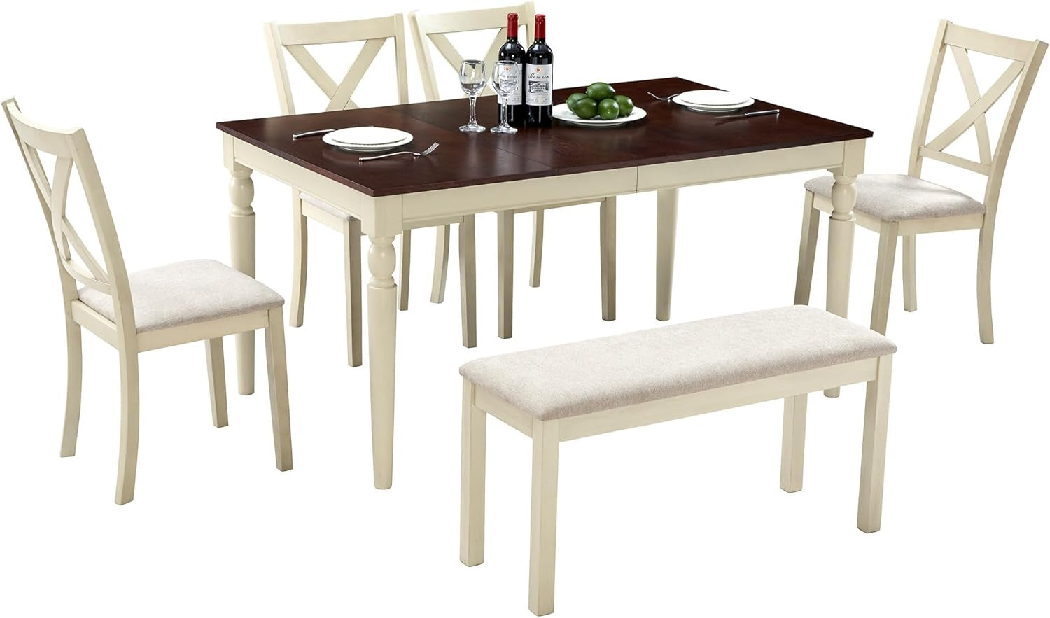 Sixty Inch Solid Wood Walnut Finish Dining Table Set Upholstered Chairs with charming rustic farmhouse style