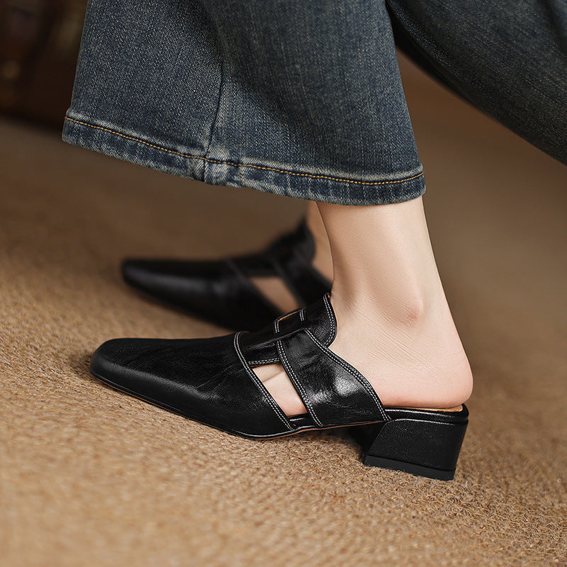 Retro Closed Toe Half Slippers | Women’s Low Heel Summer Sandals with genuine leather and open-back design for elegant comfort.