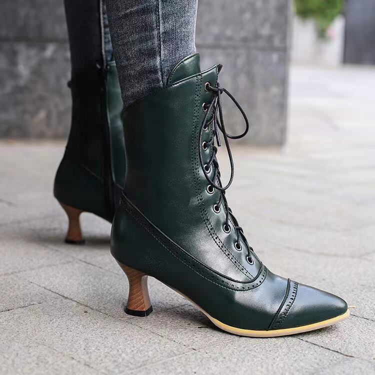 Women’s High Heel Martin Boots – British Style Motorcycle Fashion showing green lace-up design and wine glass heel.