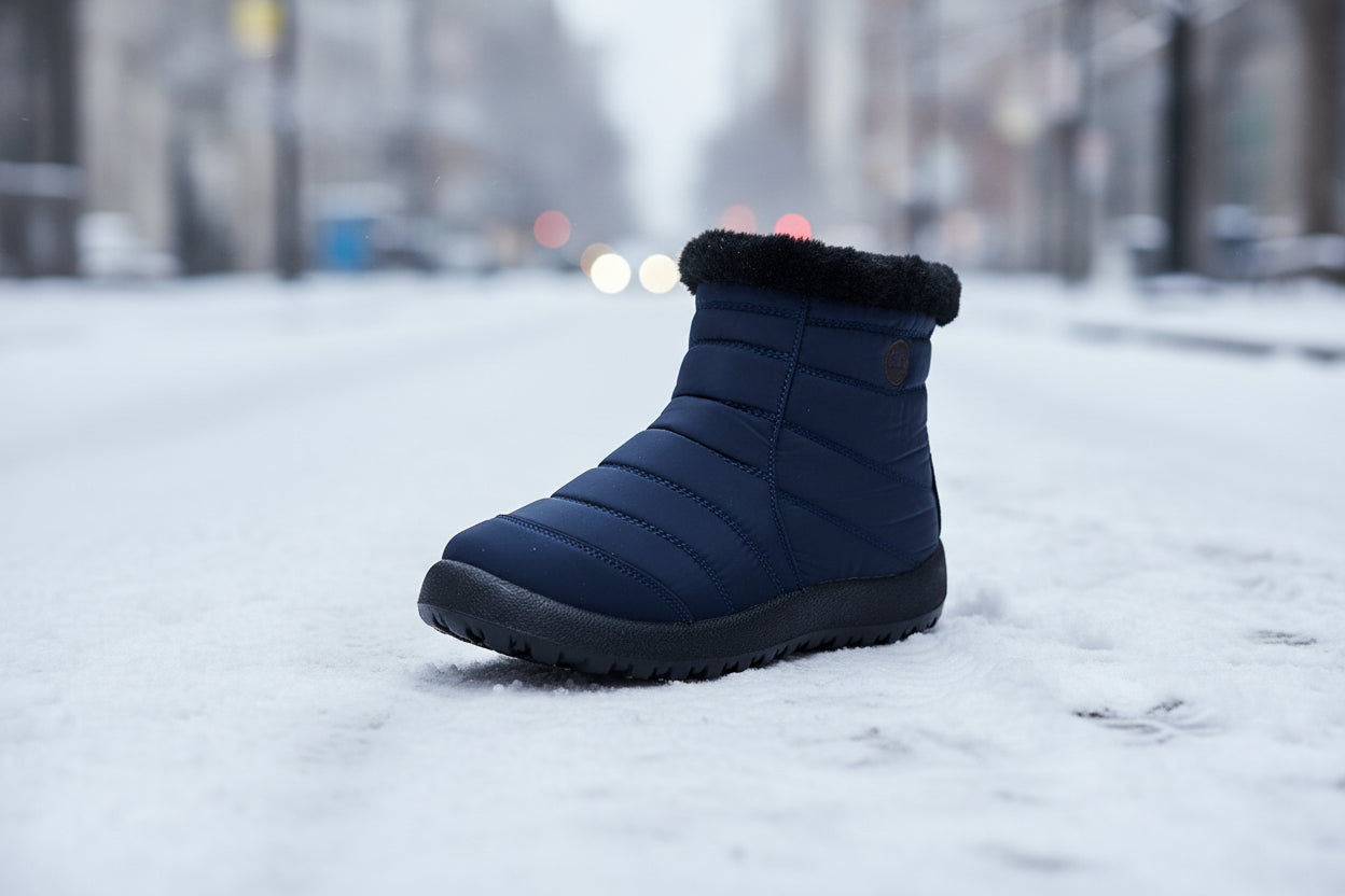 Women’s Thickened Cotton Snow Boots – Waterproof Warm Winter Boots on a snowy street, showcasing warmth and insulation features.