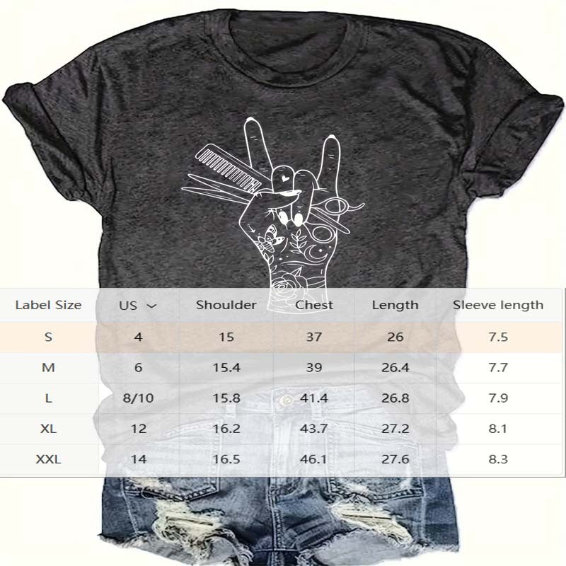 Women's Print Crew Neck T-shirt, Casual Short Sleeve Top with Hand & Floral Design