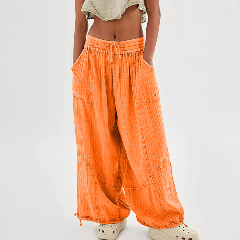 Women’s Solid Color Wide Leg Pants – Elastic Drawstring Waist and Side Pockets