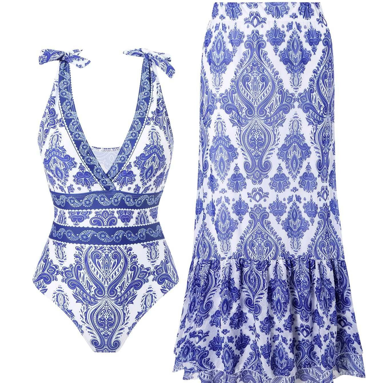 Ethnic Style One-piece Swimsuit For Women Beach Suit with bold tribal-inspired prints and matching cover-up skirt.