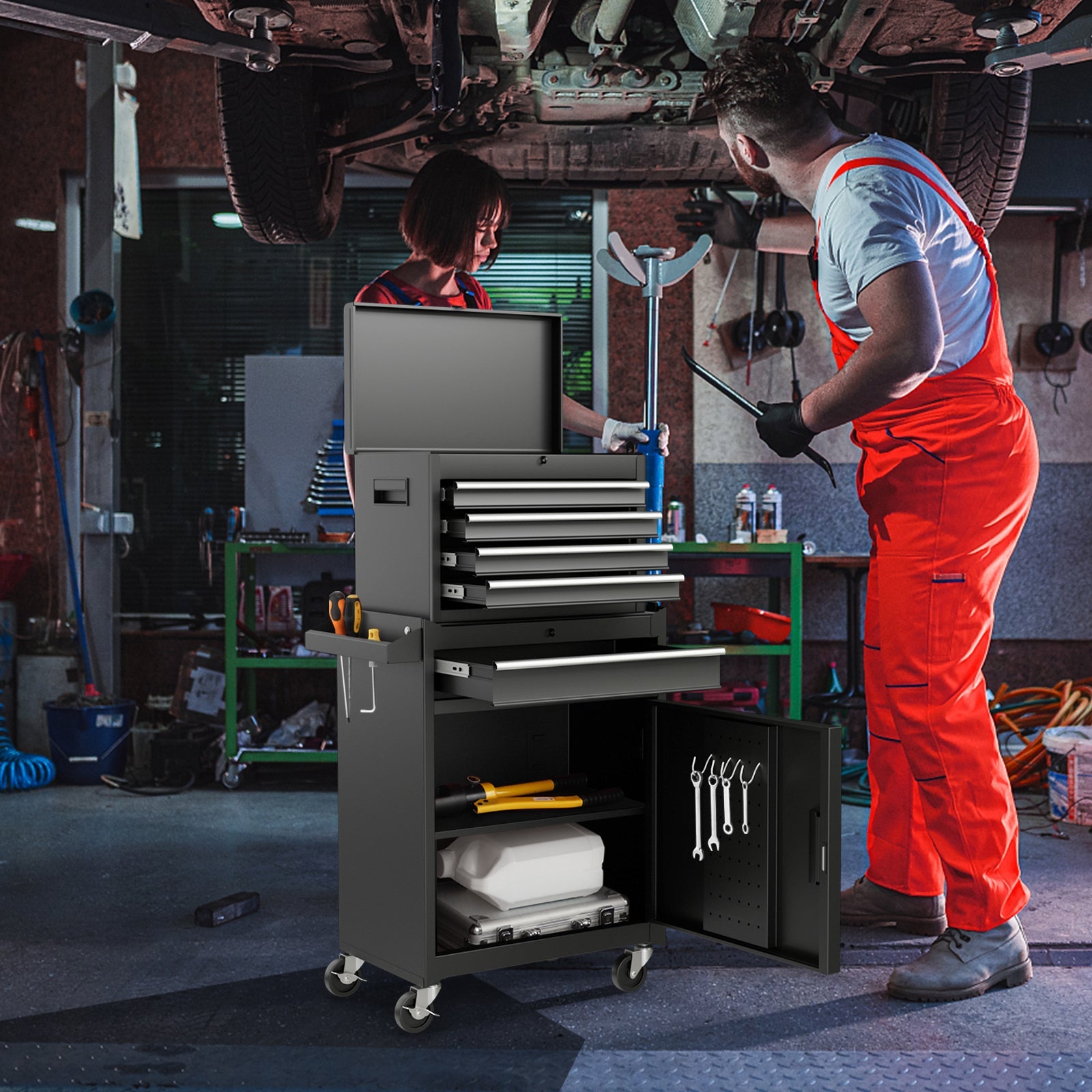 2-in-1 Tool Chest and Cabinet with 5 Sliding Drawers-Black in auto repair shop with mechanics, showcasing storage capacity and durability.