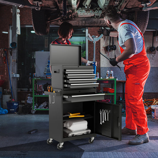 2-in-1 Tool Chest and Cabinet with 5 Sliding Drawers-Black in auto repair shop with mechanics, showcasing storage capacity and durability.