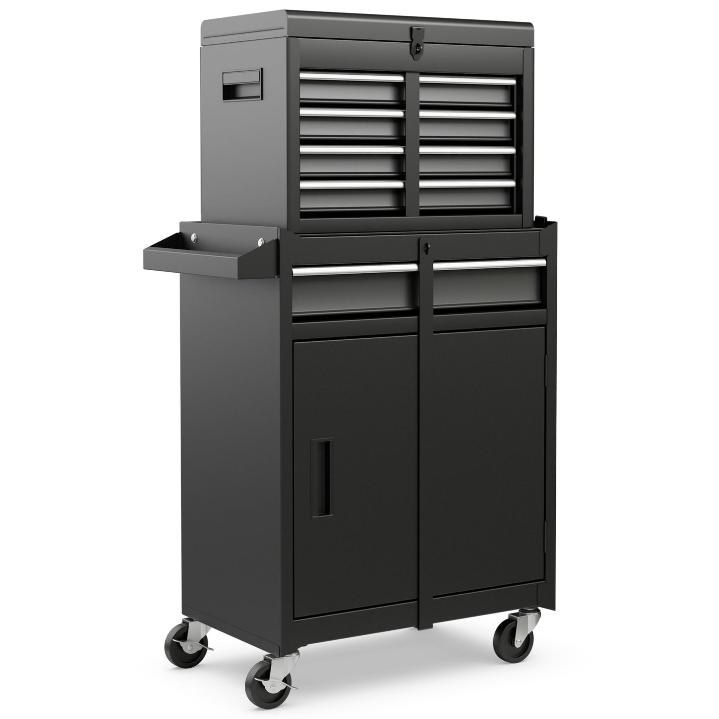 2-in-1 Tool Chest and Cabinet with 5 Sliding Drawers-Black, steel construction, large capacity, with wheels and hooks for tools.