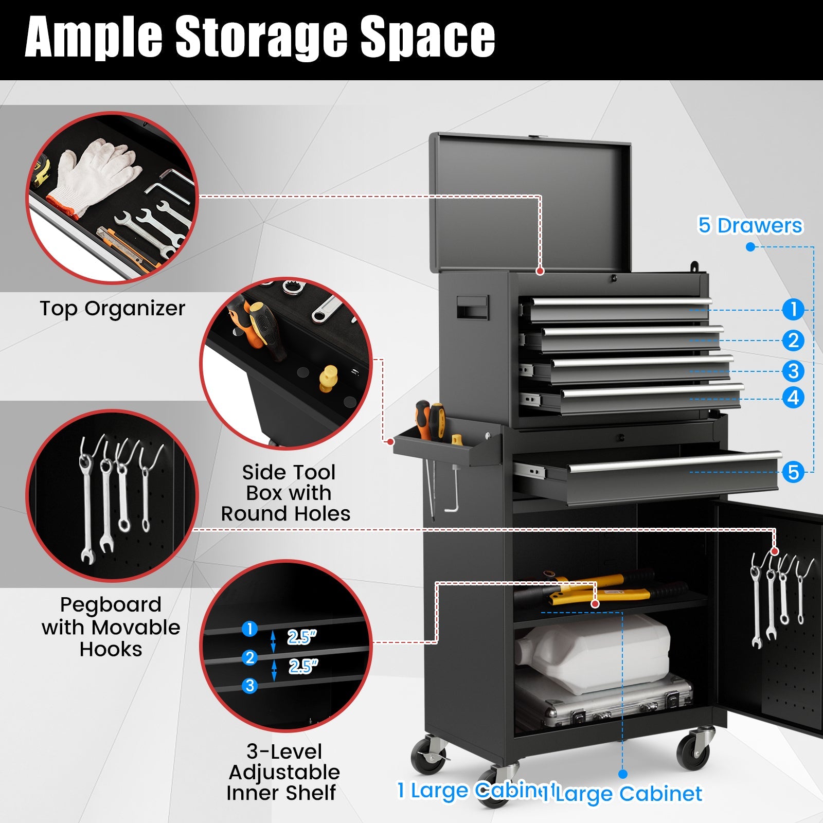 2-in-1 Tool Chest and Cabinet with 5 Sliding Drawers-Black, featuring large storage with adjustable shelves, hooks, and 360-degree wheels