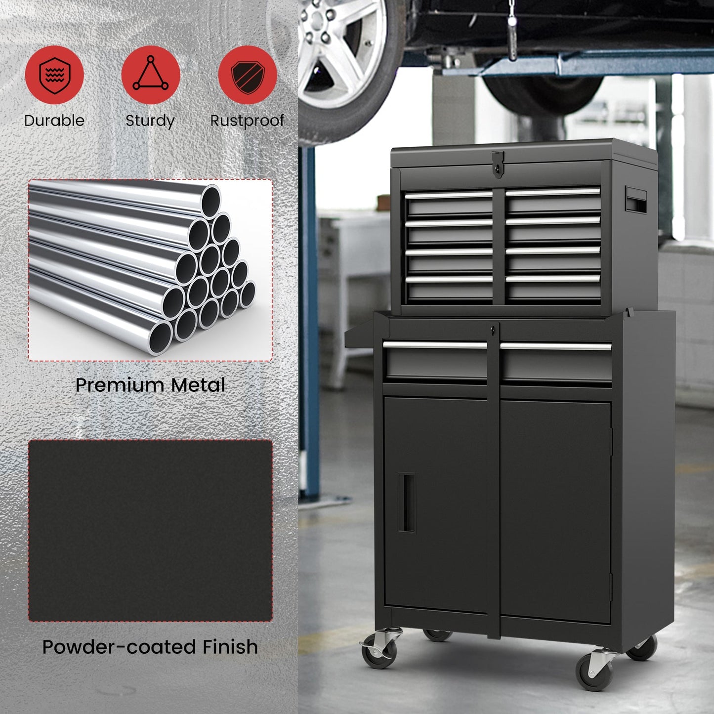 2-in-1 Tool Chest and Cabinet with 5 Sliding Drawers-Black in a garage setting, showing its durable metal construction and powder-coated finish.