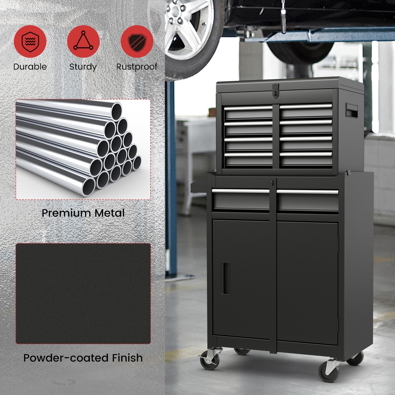 2-in-1 Tool Chest and Cabinet with 5 Sliding Drawers-Black in a garage setting, showing its durable metal construction and powder-coated finish.