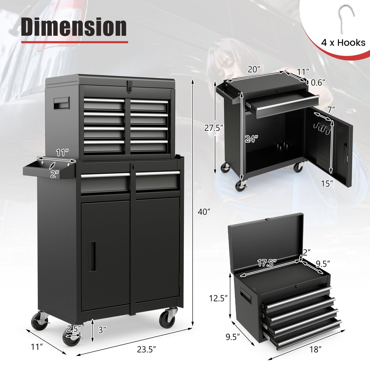 2-in-1 Tool Chest and Cabinet with 5 Sliding Drawers-Black featuring large storage capacity and durable steel construction.