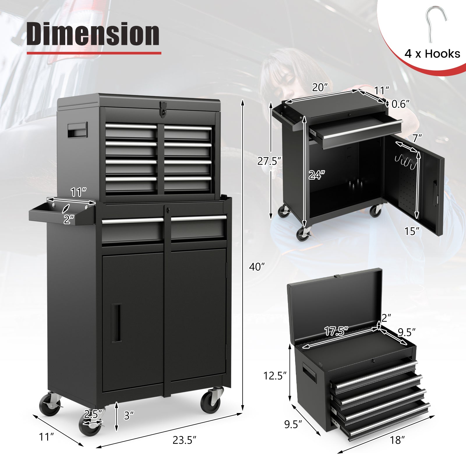 2-in-1 Tool Chest and Cabinet with 5 Sliding Drawers-Black featuring large storage capacity and durable steel construction.