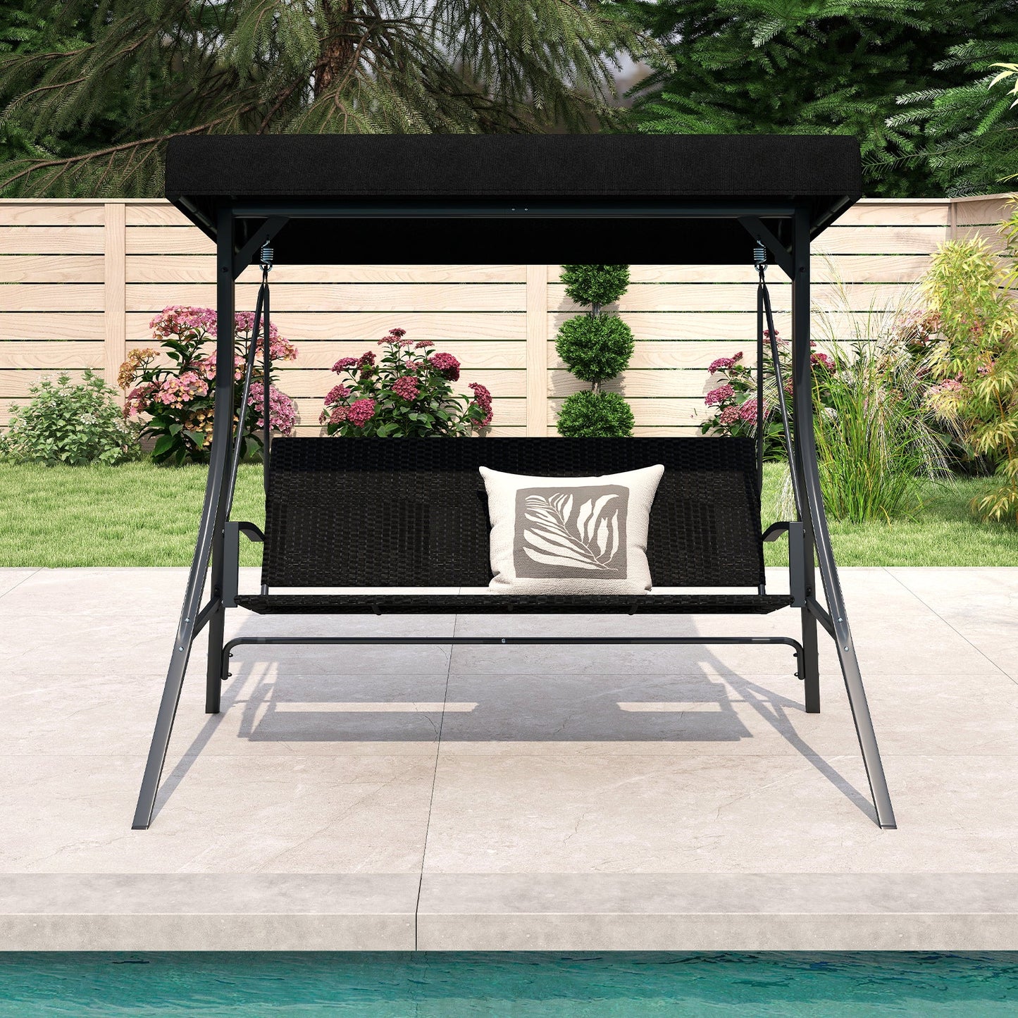 3-Person Porch Swing with Stand Outdoor Canopy Swing with Rattan Seat Back-Black near poolside in garden setting
