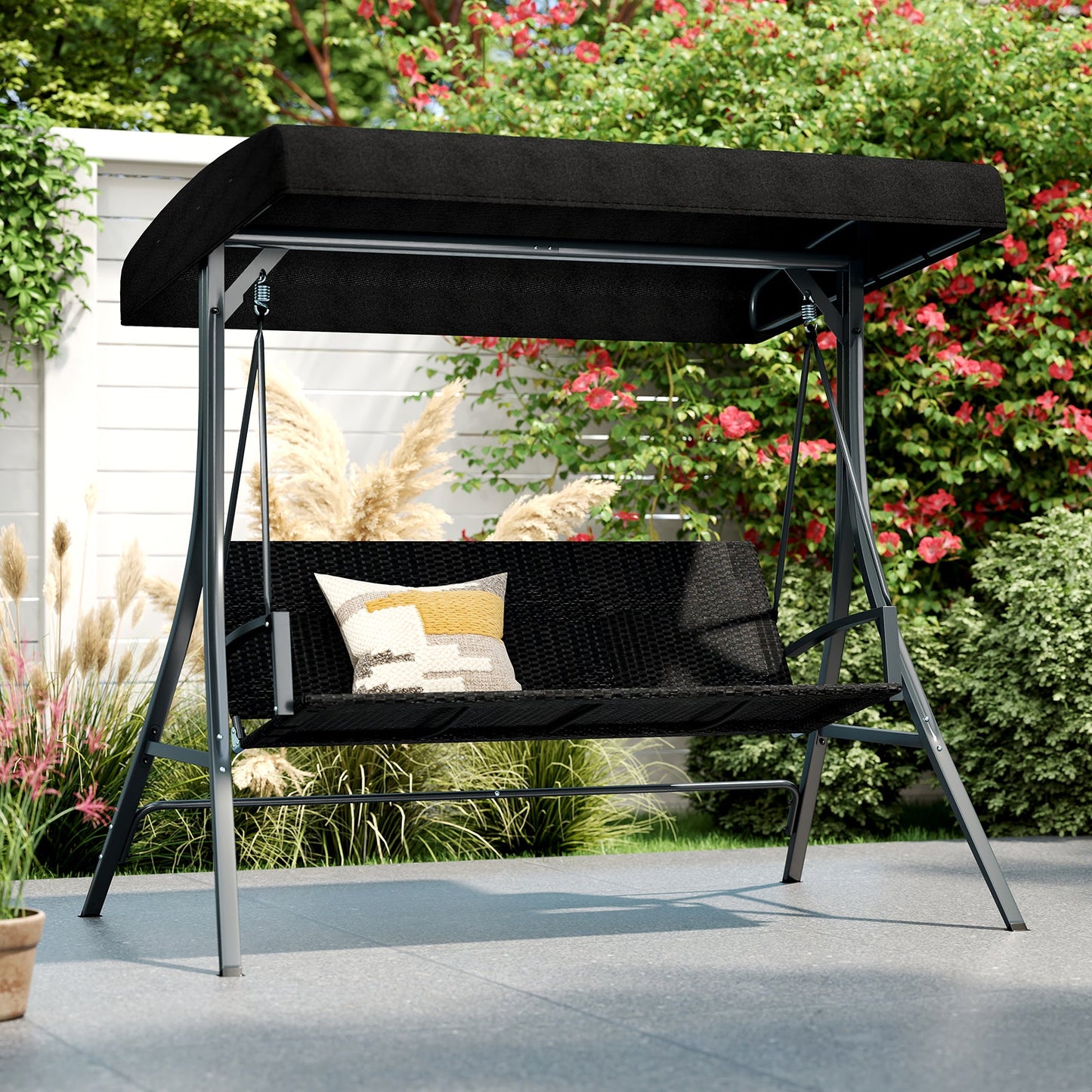 3-Person Porch Swing with Stand Outdoor Canopy Swing with Rattan Seat Back-Black on patio
