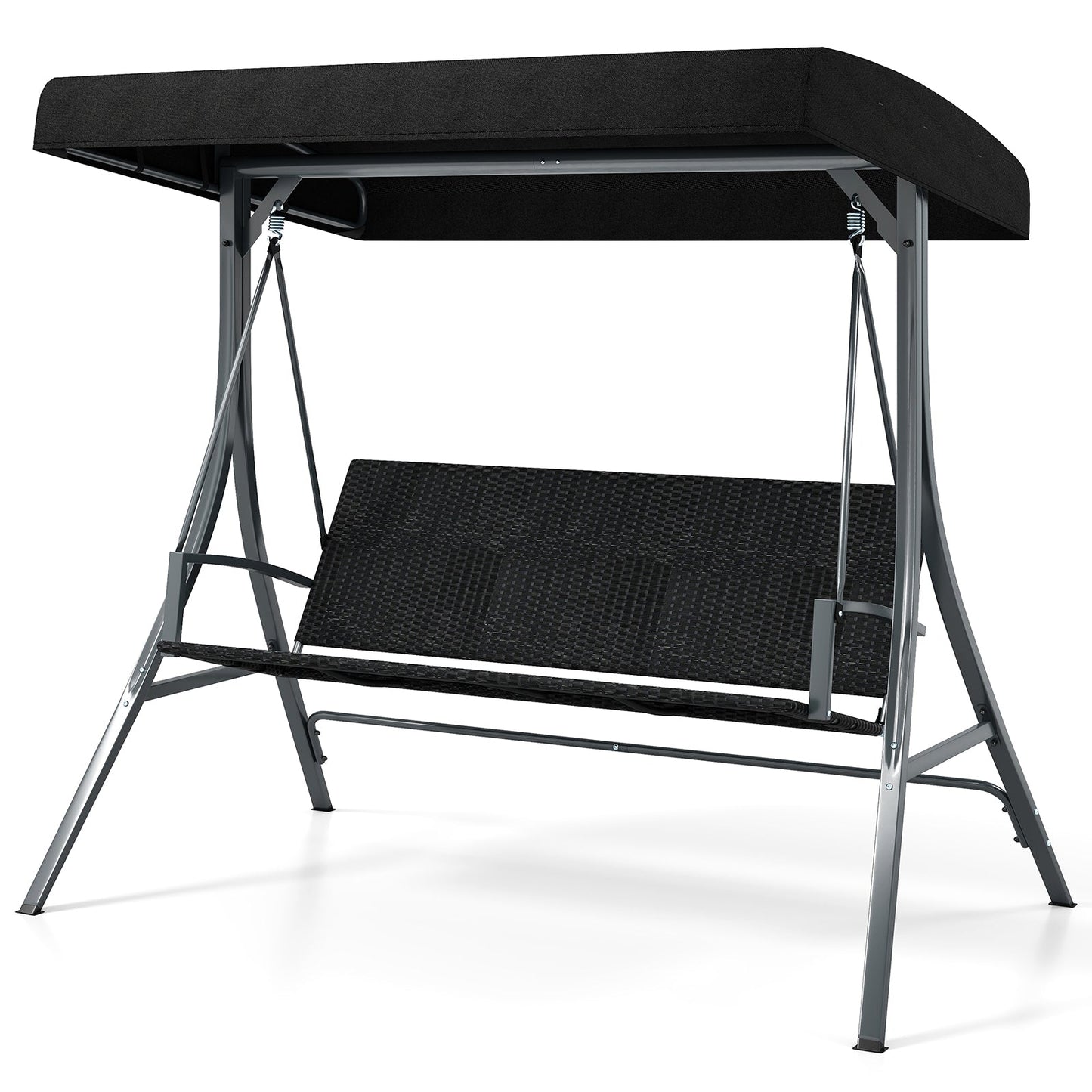 3-Person Porch Swing with Stand Outdoor Canopy Swing with Rattan Seat Back-Black featuring adjustable sunshade and robust metal frame