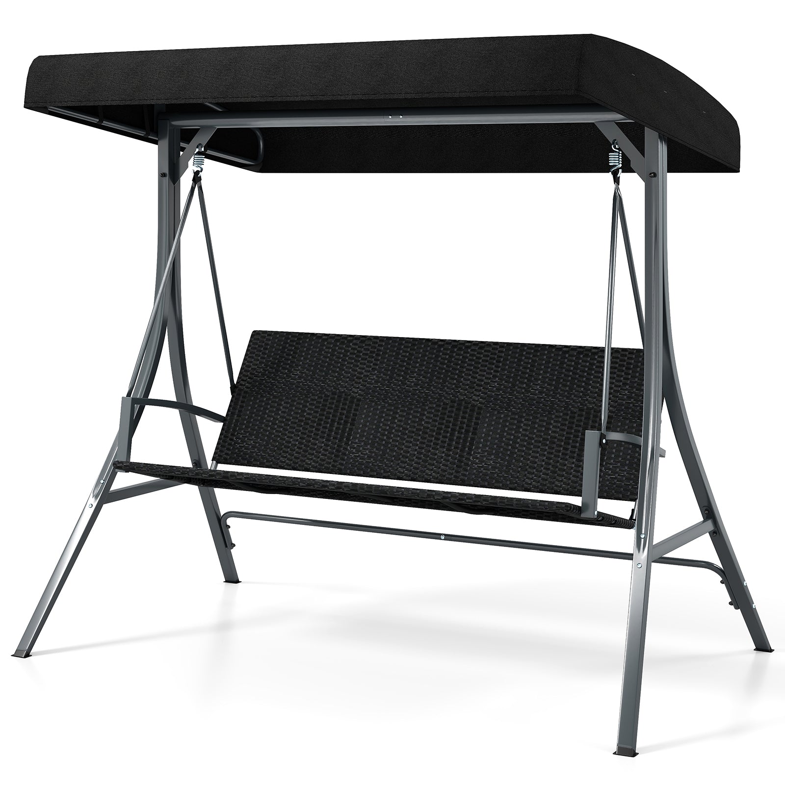 3-Person Porch Swing with Stand Outdoor Canopy Swing with Rattan Seat Back-Black featuring adjustable sunshade and robust metal frame