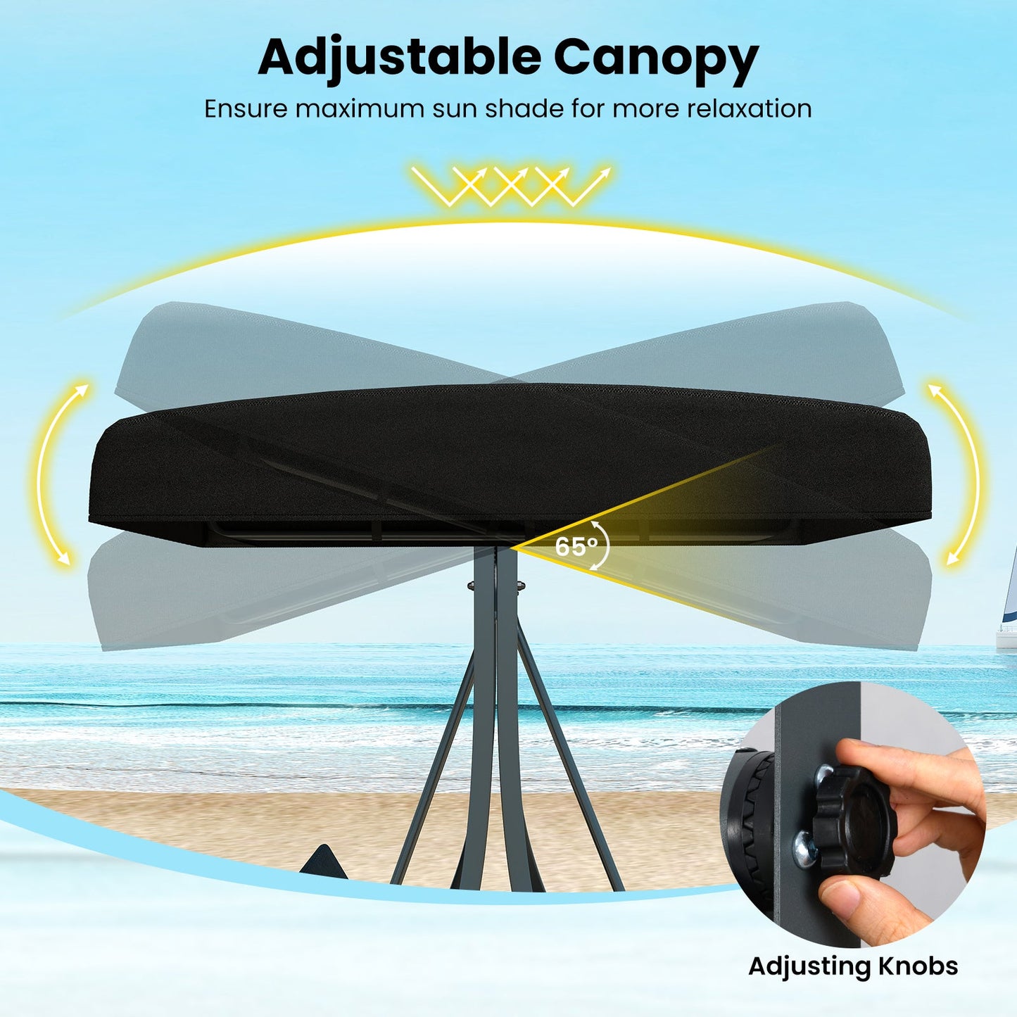3-Person Porch Swing with Stand Outdoor Canopy Swing with Rattan Seat Back-Black showing 65-degree adjustable canopy