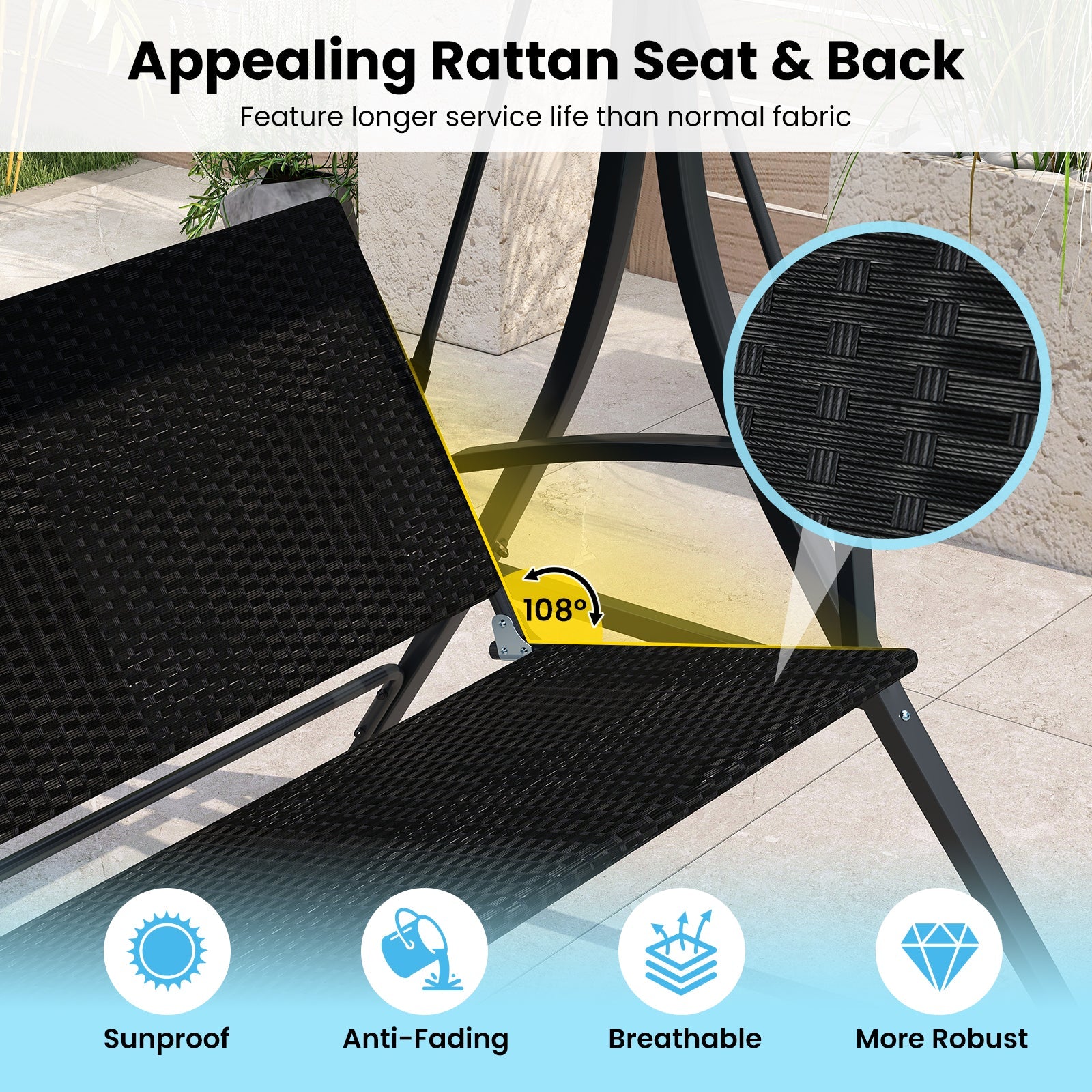 Appealing design of 3-Person Porch Swing with Stand Outdoor Canopy Swing with Rattan Seat Back-Black, highlighting rattan details.