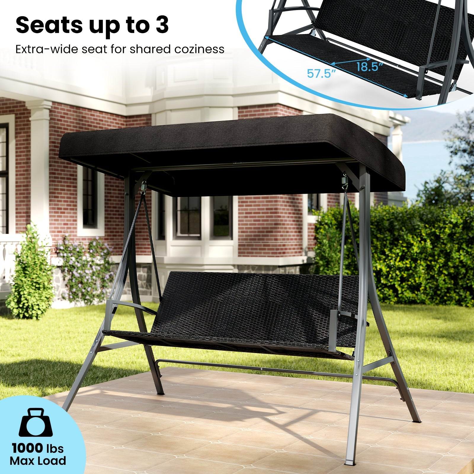 3-Person Porch Swing with Stand Outdoor Canopy Swing with Rattan Seat Back-Black, seats up to 3, 1000 lbs capacity