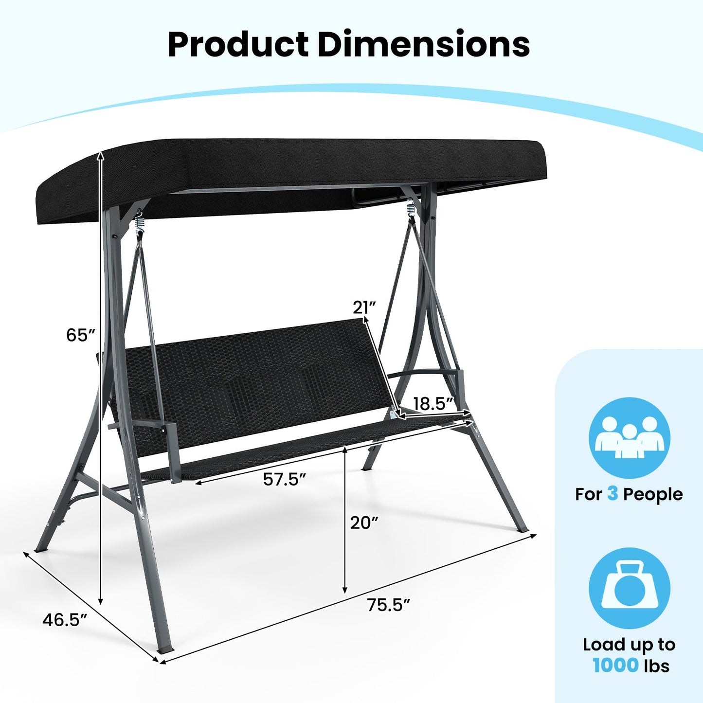 Dimensions of 3-Person Porch Swing with Stand Outdoor Canopy Swing with Rattan Seat Back-Black, supports up to 1000 lbs.