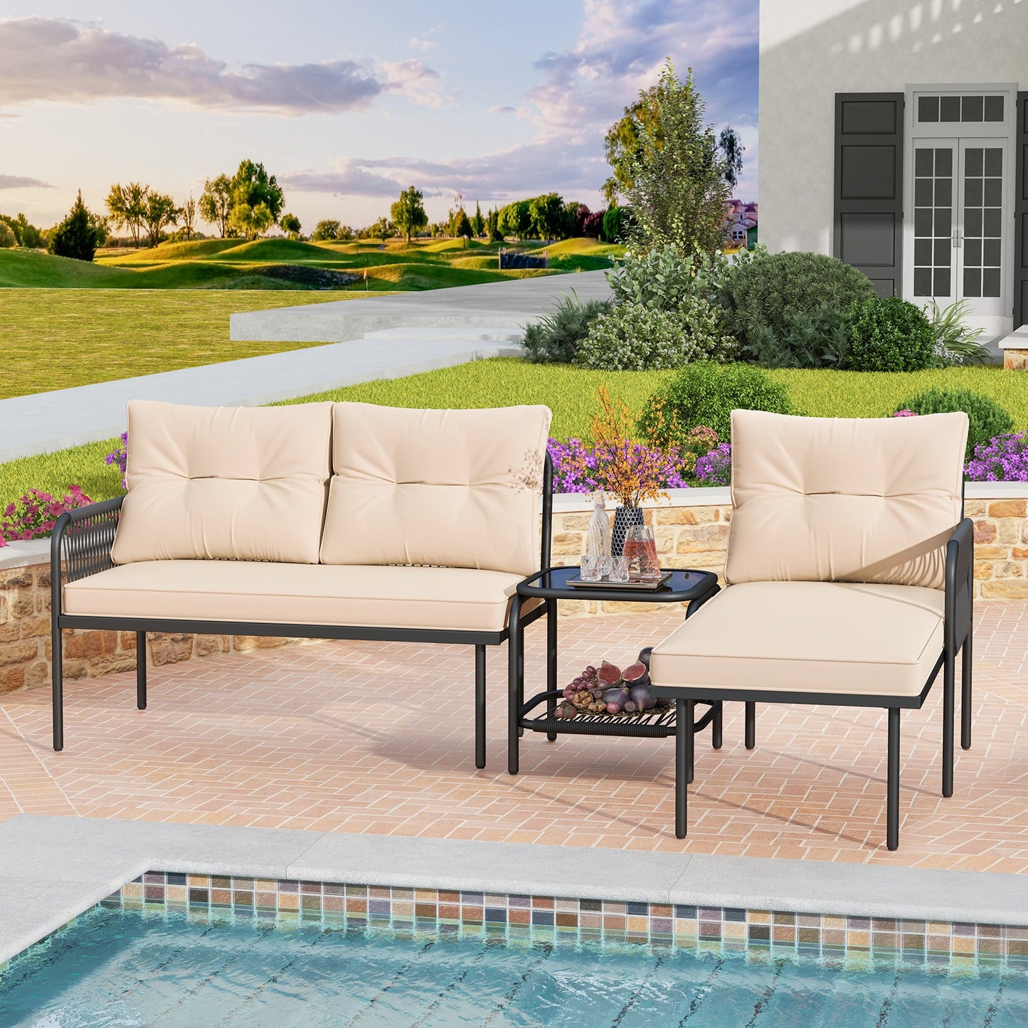 3-Piece L Shaped Patio Furniture Set PE Rattan Sectional Sofas-Beige on outdoor patio by pool