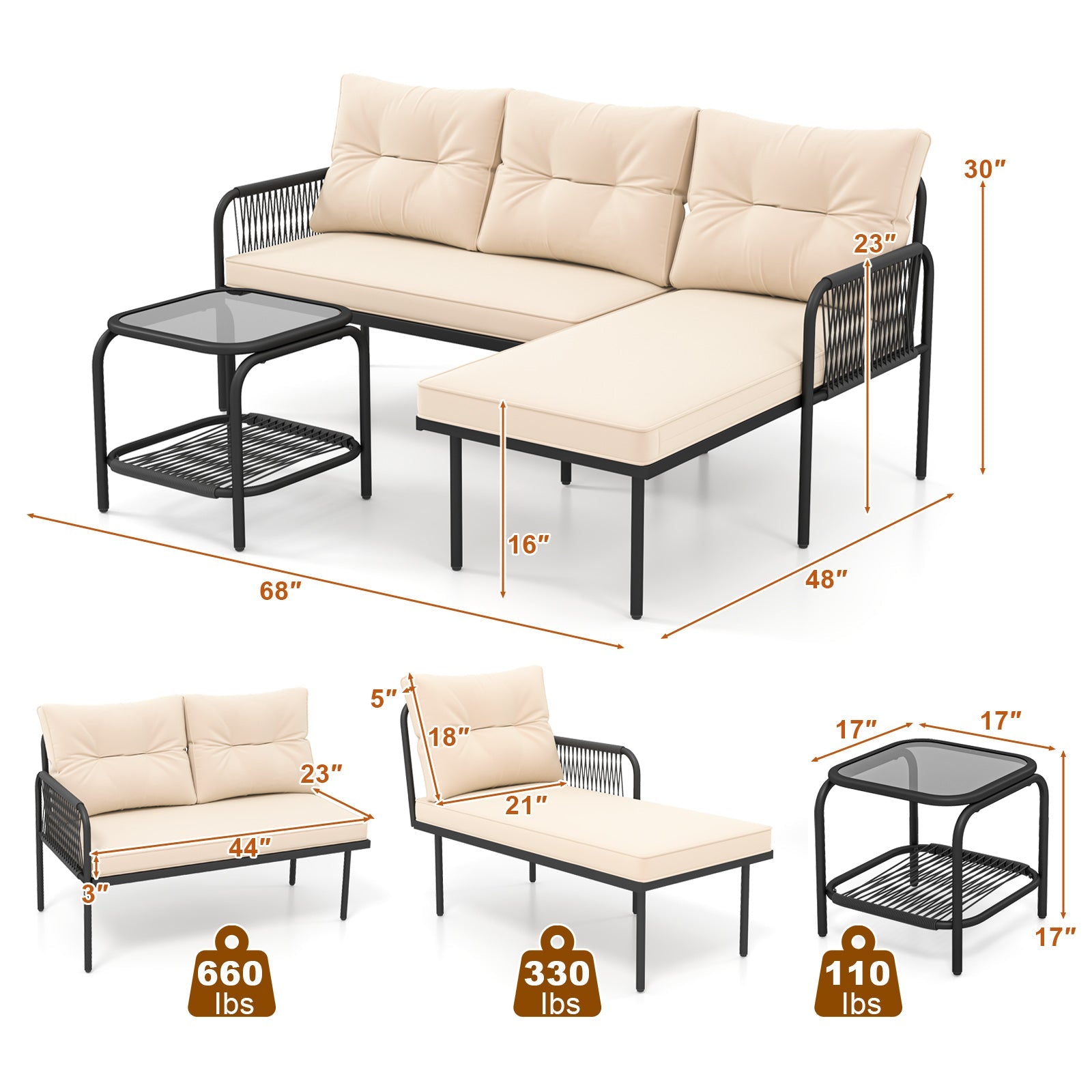 3-Piece L Shaped Patio Furniture Set PE Rattan Sectional Sofas-Beige with measurements and weight capacity displayed