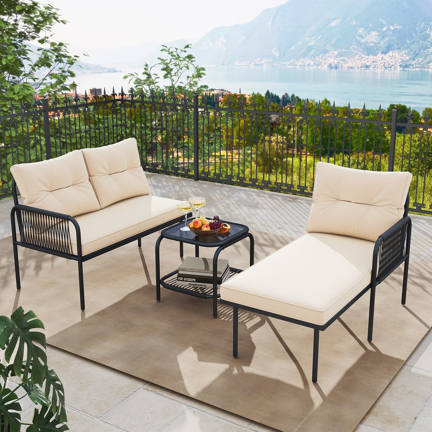 3-Piece L Shaped Patio Furniture Set PE Rattan Sectional Sofas-Beige with glass-top table on outdoor patio