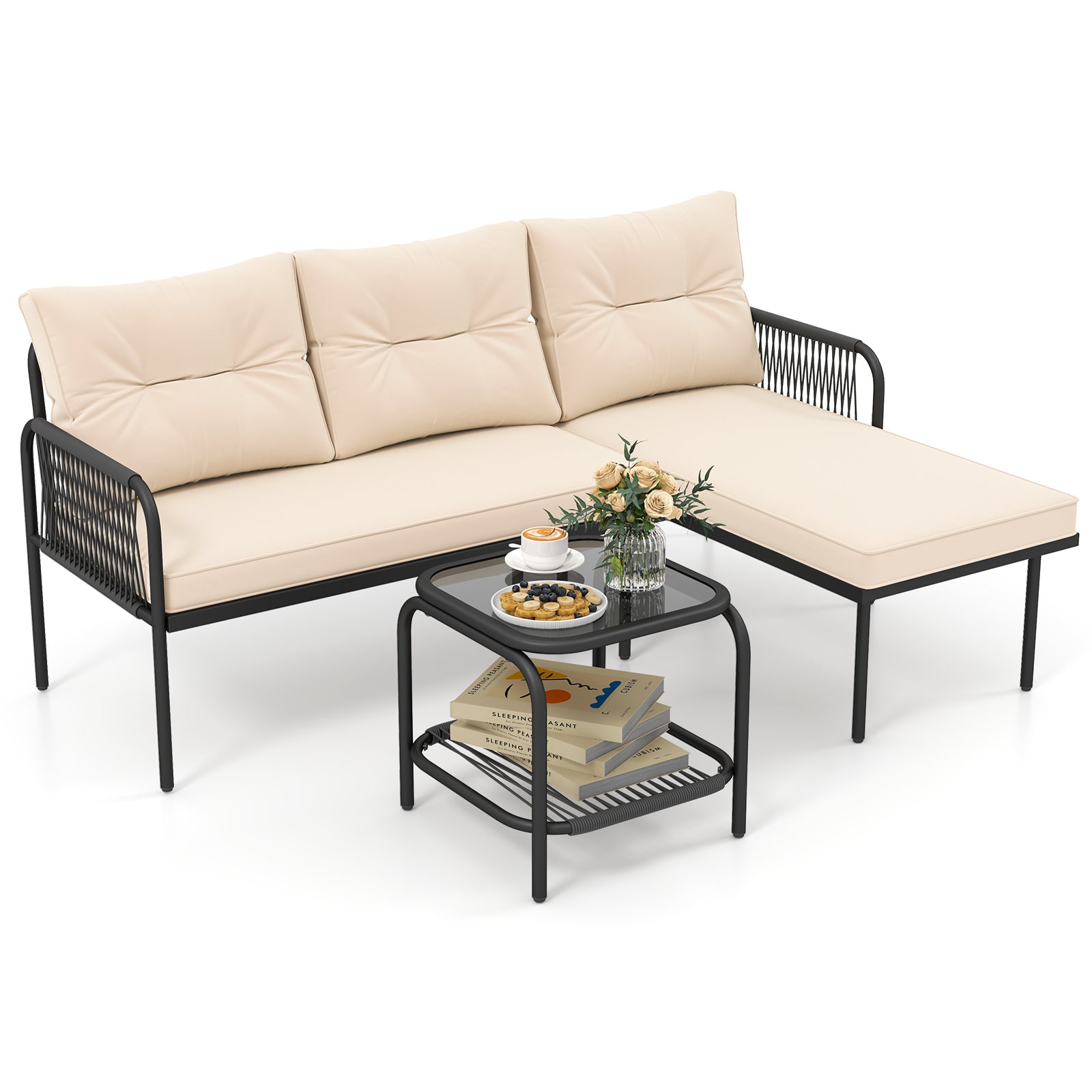 3-Piece L Shaped Patio Furniture Set PE Rattan Sectional Sofas-Beige with glass top table and cushions in outdoor setting