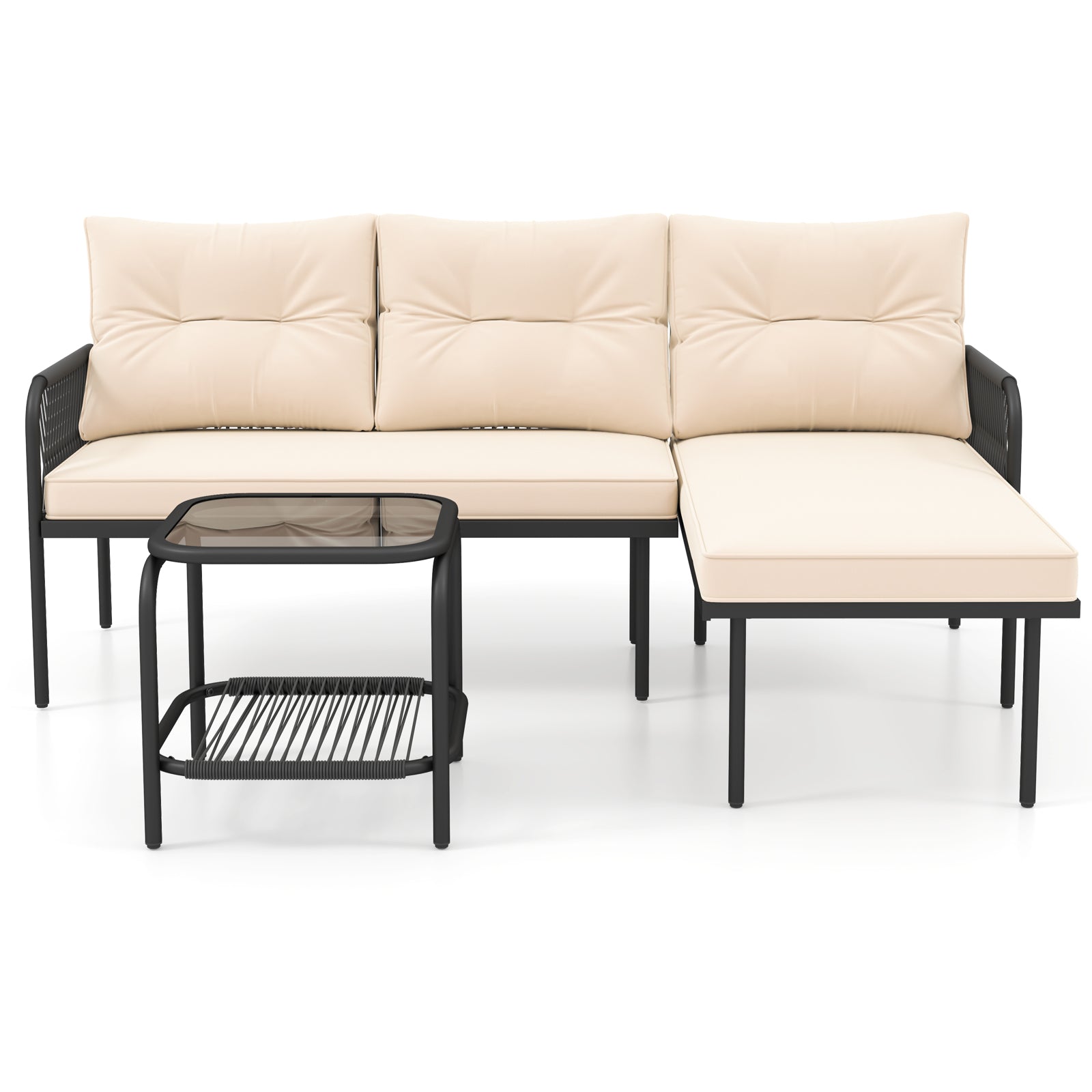 3-Piece L Shaped Patio Furniture Set PE Rattan Sectional Sofas-Beige with table and cushions
