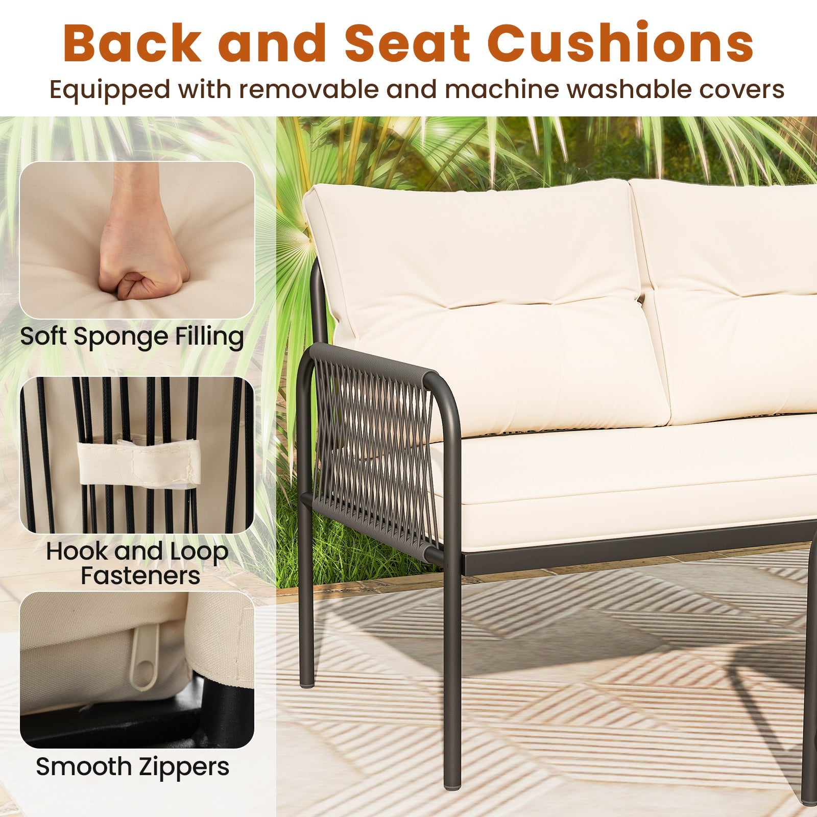 3-Piece L Shaped Patio Furniture Set PE Rattan Sectional Sofas-Beige showcasing back and seat cushions with washable covers