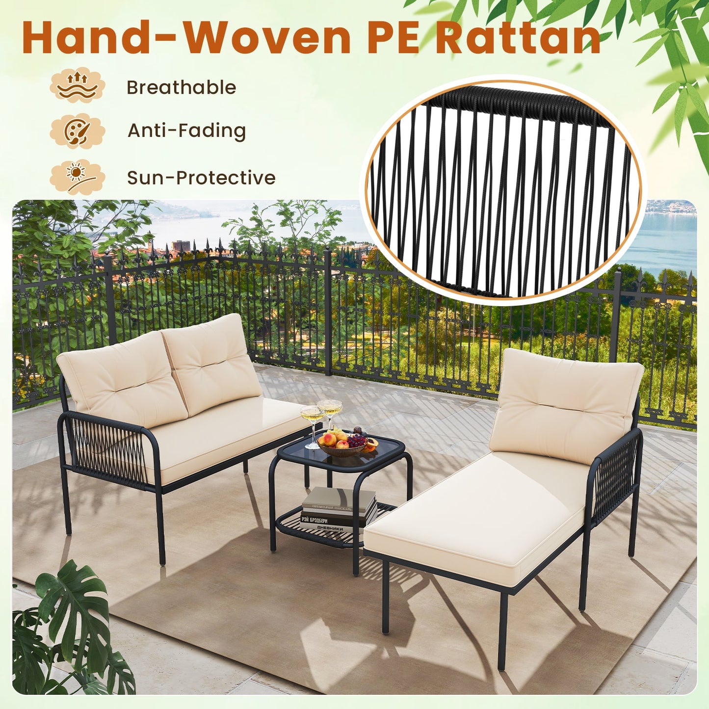 3-Piece L Shaped Patio Furniture Set PE Rattan Sectional Sofas-Beige on outdoor patio with cushions and table with glass top