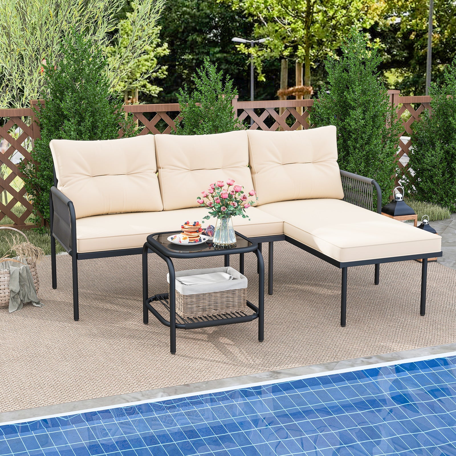 3-Piece L Shaped Patio Furniture Set PE Rattan Sectional Sofas-Beige by poolside with cushions and glass top table.