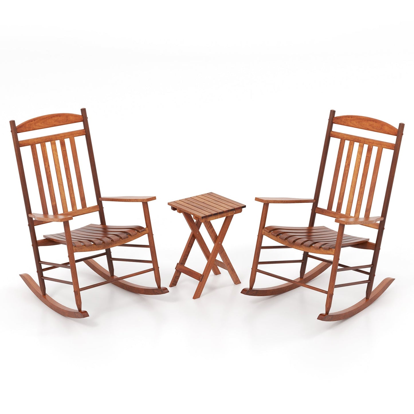 3-piece Outdoor Poplar Wood Rocking Bistro Set-Natural with two chairs and folding side table