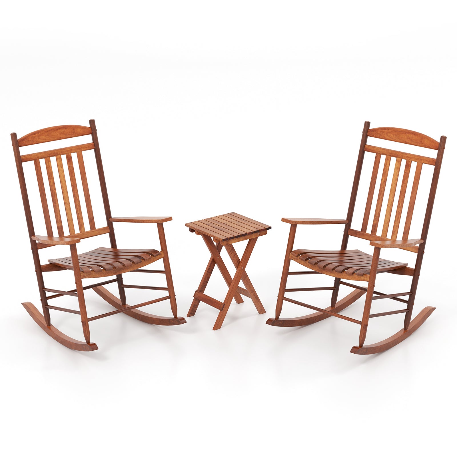 3-piece Outdoor Poplar Wood Rocking Bistro Set-Natural with two chairs and folding side table