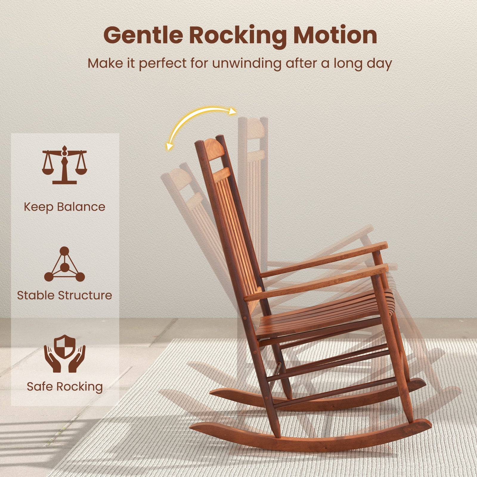 Solid poplar wood rocking chair demonstrating gentle rocking motion, part of the 3-piece Outdoor Poplar Wood Rocking Bistro Set-Natural.