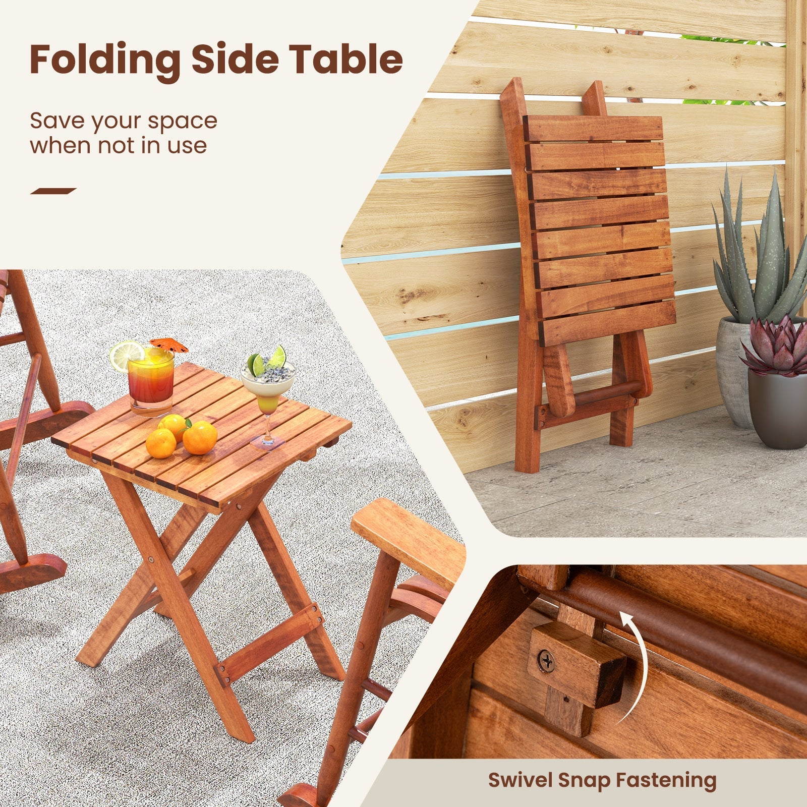3-piece Outdoor Poplar Wood Rocking Bistro Set-Natural with folding side table and swivel snap fastening, ideal for saving space.