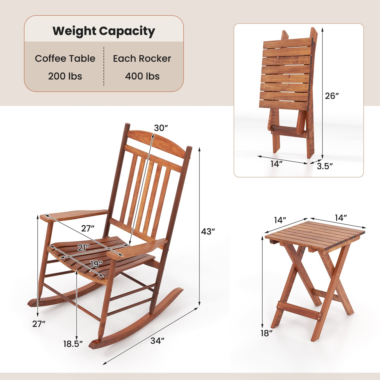 3-piece Outdoor Poplar Wood Rocking Bistro Set-Natural with folding table and chair dimensions