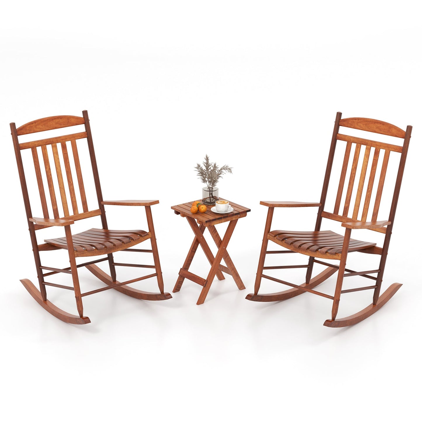 3-piece Outdoor Poplar Wood Rocking Bistro Set-Natural with folding table and two rocking chairs for outdoor settings.