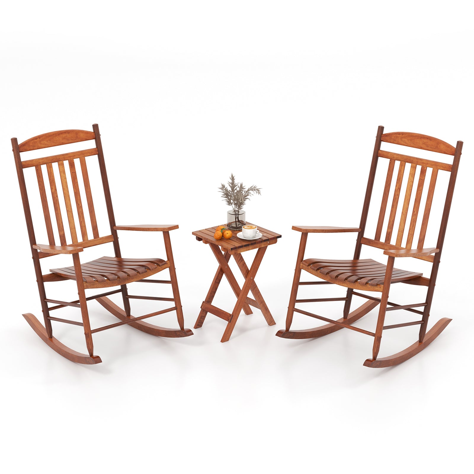 3-piece Outdoor Poplar Wood Rocking Bistro Set-Natural with folding table and two rocking chairs for outdoor settings.