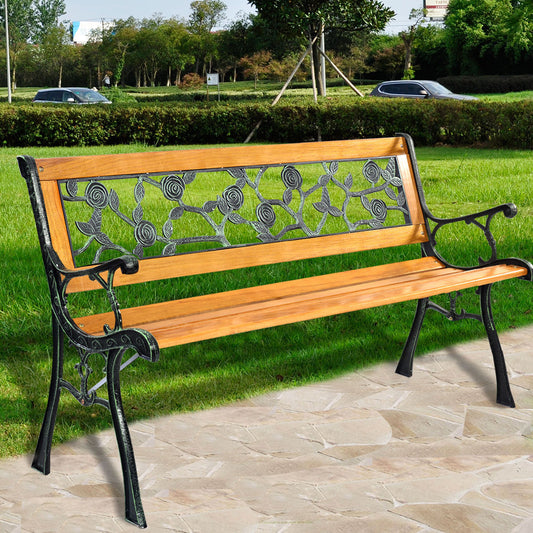 49 1/2 Inch Patio Park Garden Porch Chair Bench with iron cast structure, solid wood seat, and PVC backrest pattern.
