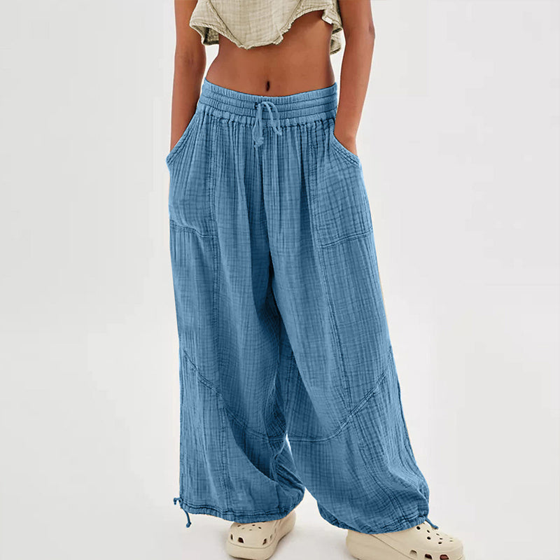 Women’s Solid Color Wide Leg Pants – Elastic Drawstring Waist and Side Pockets
