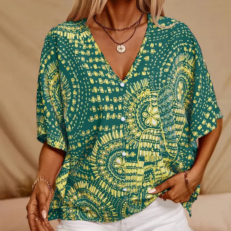 Mandala Print V-Neck Blouse – Casual Vacation Top