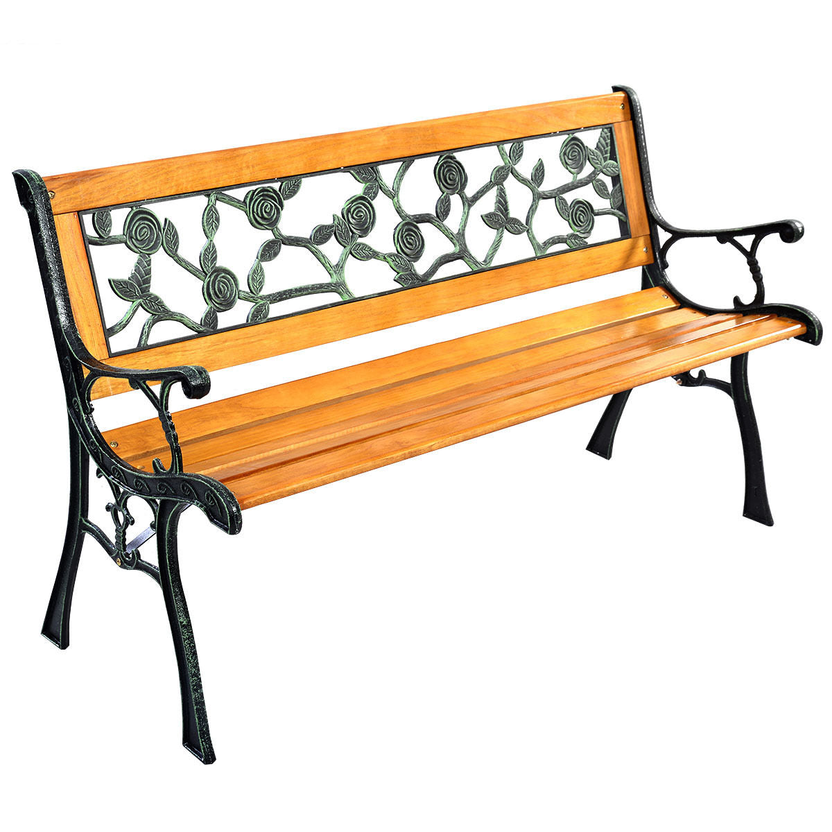 49 1/2 Inch Patio Park Garden Porch Chair Bench with iron cast structure and solid wood seat