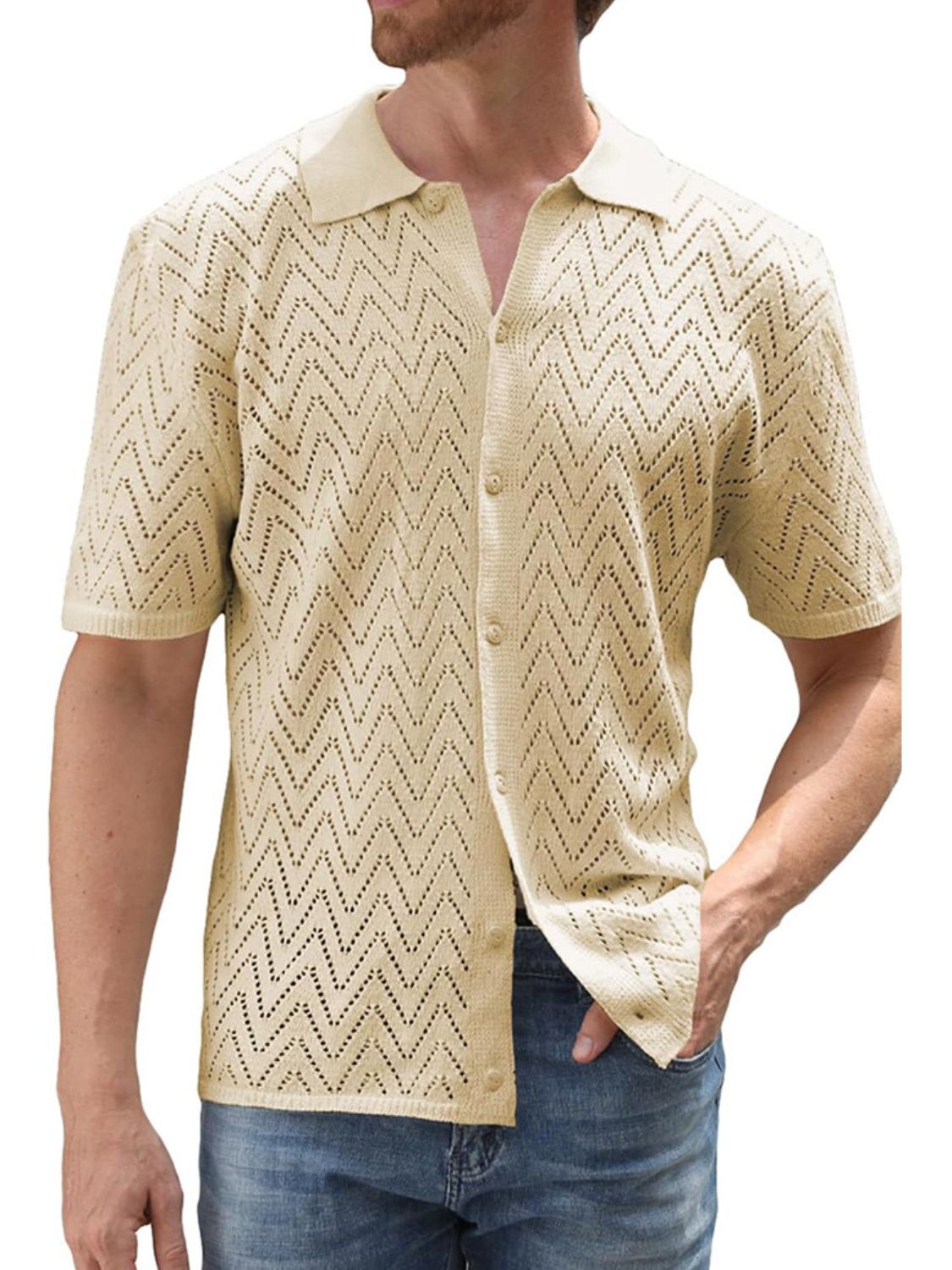 Openwork Button Down Short Sleeve Shirt