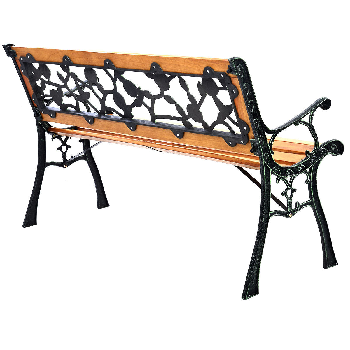 49 1/2 Inch Patio Park Garden Porch Chair Bench with iron cast structure and wooden seat, featuring a PVC backrest pattern.