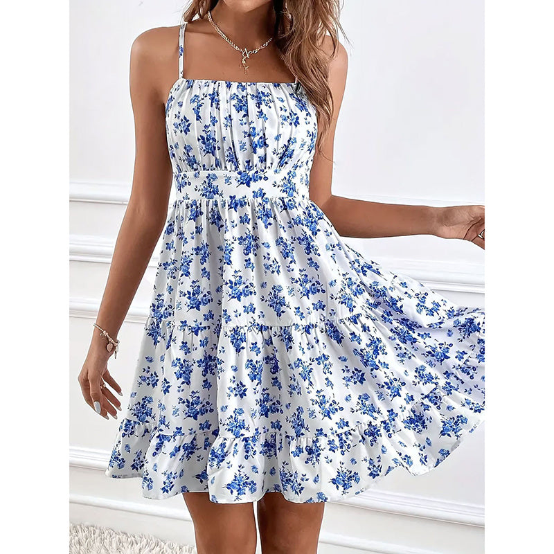 Floral Print Smocked Mini Dress Spaghetti Strap Slim Fit Flowy Dresses with vibrant blue floral pattern