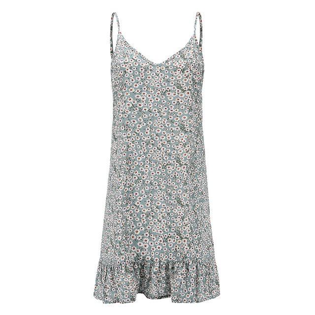 Floral Print Summer Dress Spaghetti Strap Mini Dress Ruffled with daisy pattern on a blue background