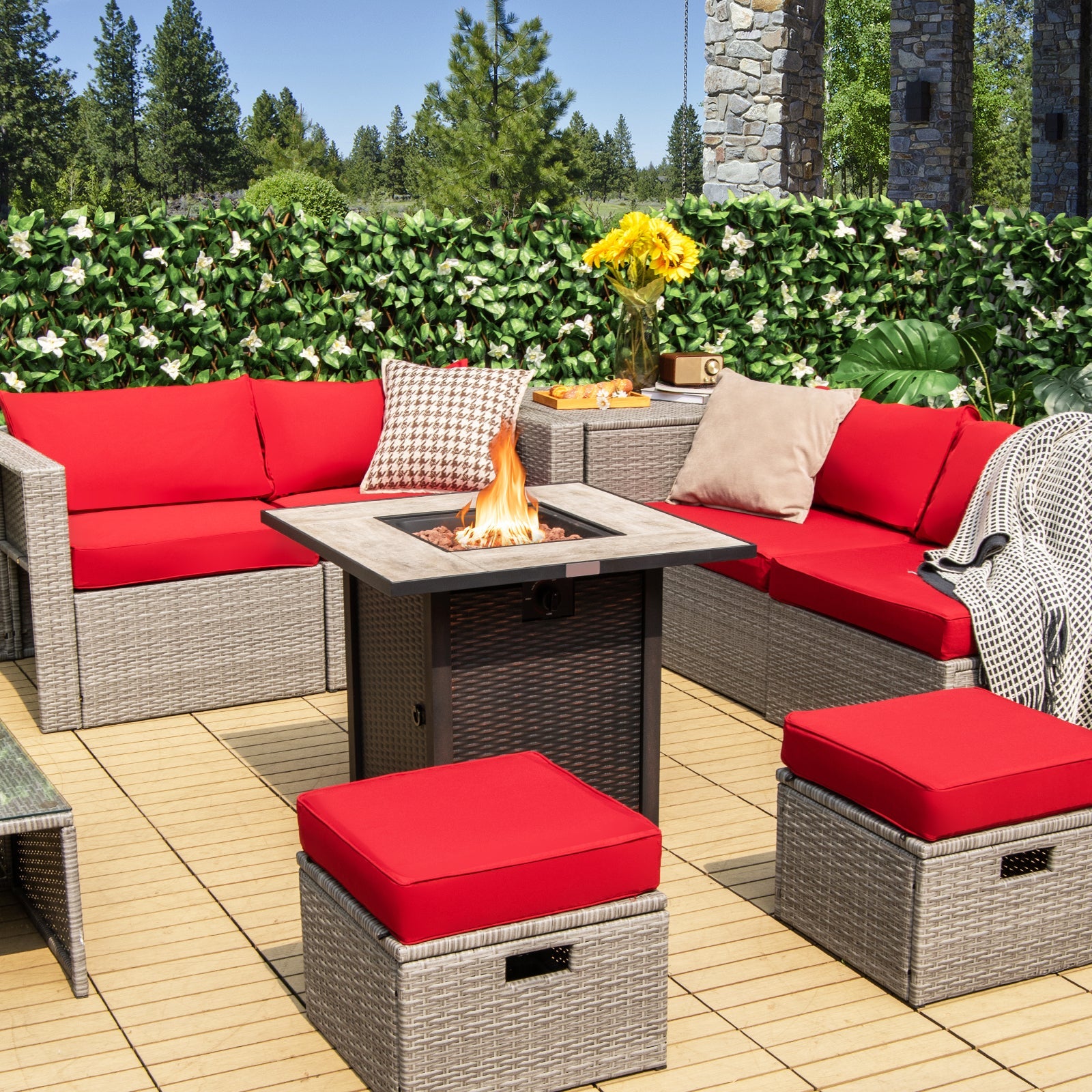 30 Inch Square Propane Gas Fire Pit Table Ceramic Tabletop on patio with red cushions and decorative lava rocks