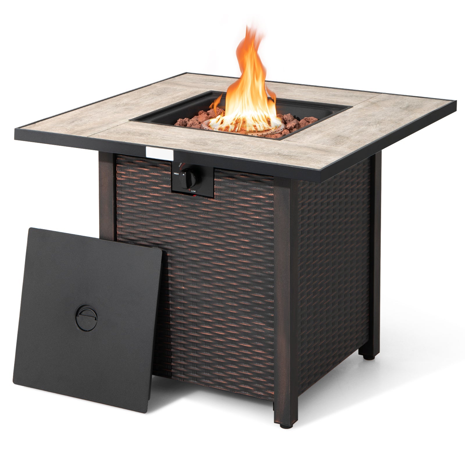 30 Inch Square Propane Gas Fire Pit Table Ceramic Tabletop with lava rocks and steel frame, CSA and ETL certified.