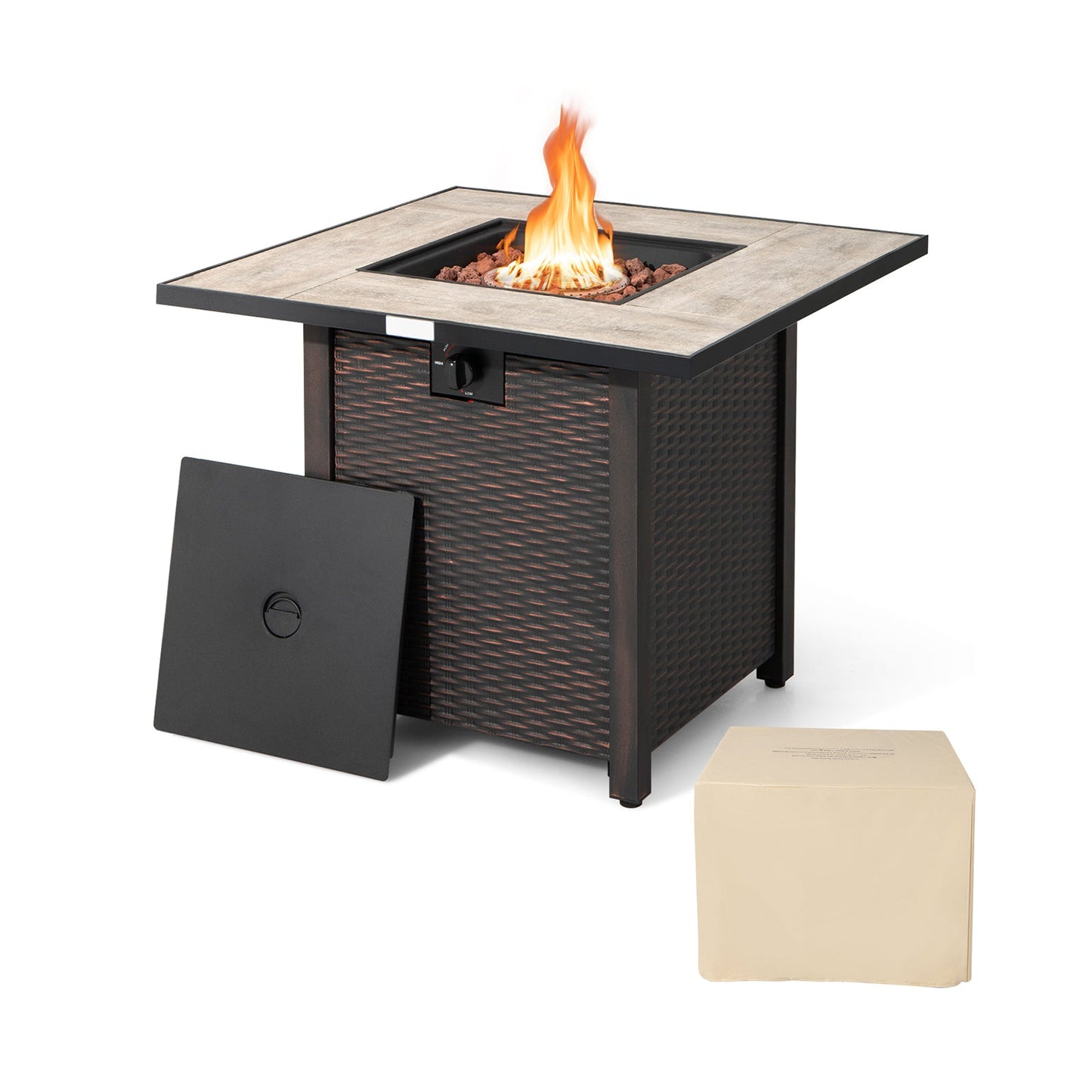 30 Inch Square Propane Gas Fire Pit Table Ceramic Tabletop with lava rocks and protective cover