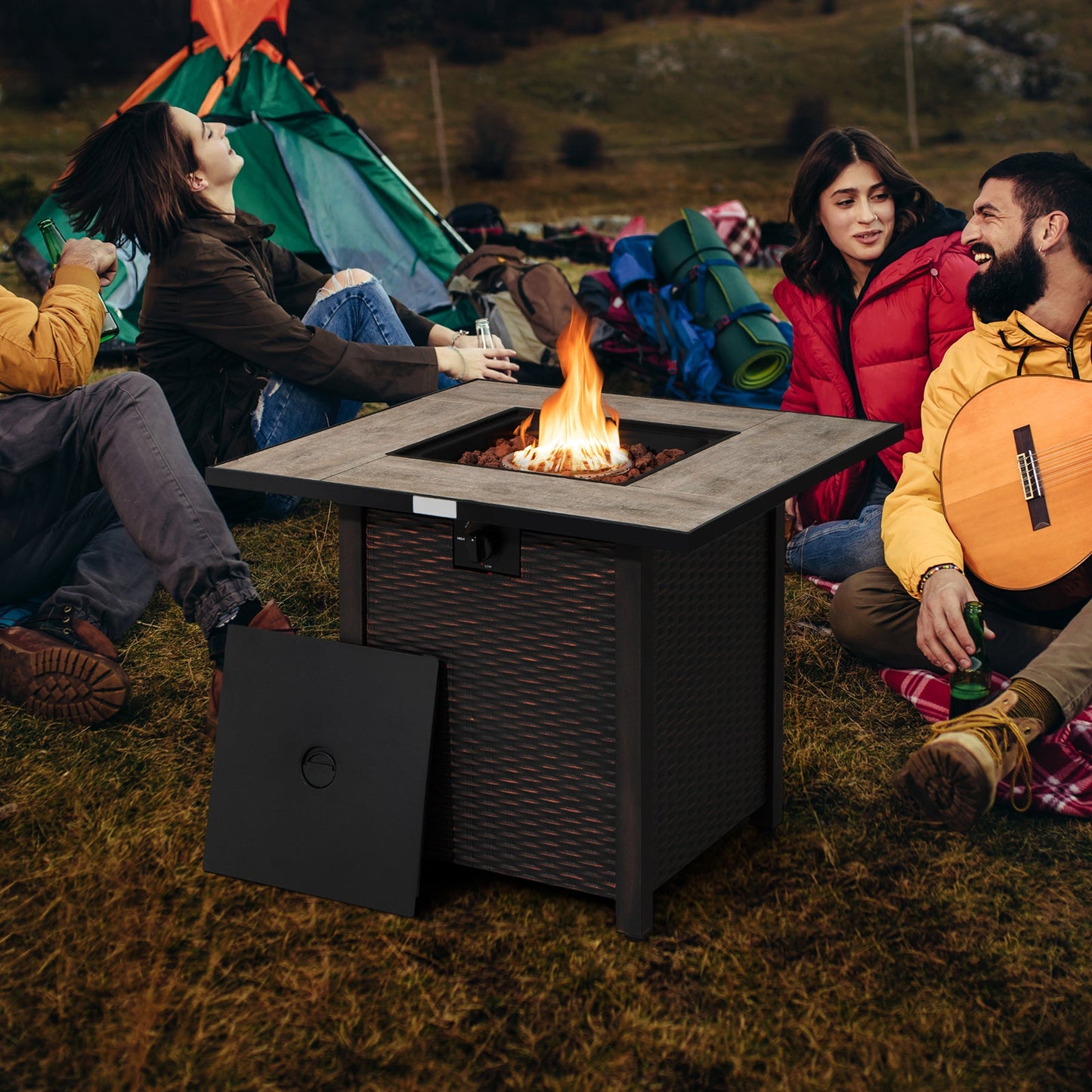 Campers enjoying warmth from a 30 Inch Square Propane Gas Fire Pit Table Ceramic Tabletop with glowing flame.